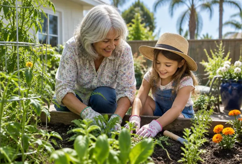 A grandmother and child gardening together