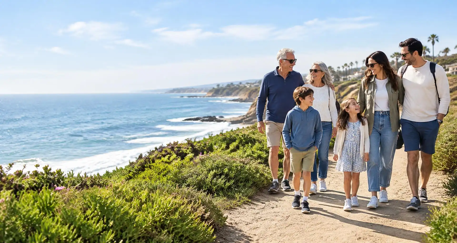 A family enjoying a walk on the Southern California coast
