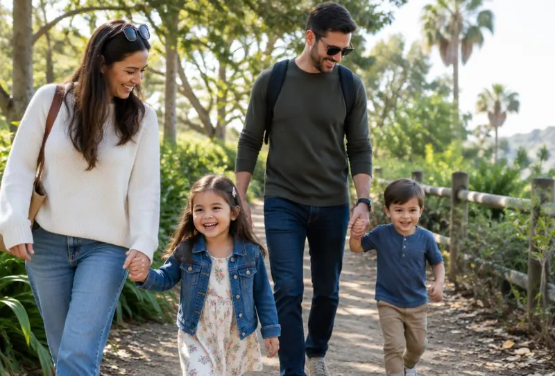 A family walking together in a sunny park