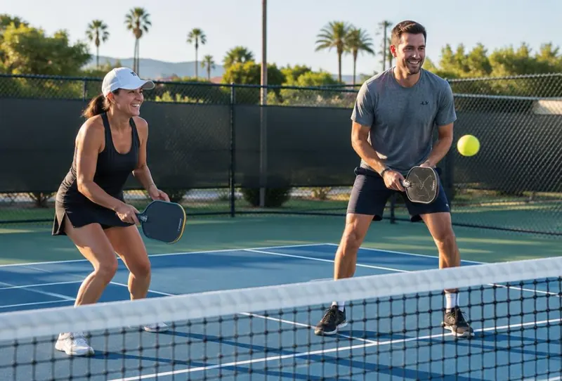 Two adults enjoying outdoor pickleball